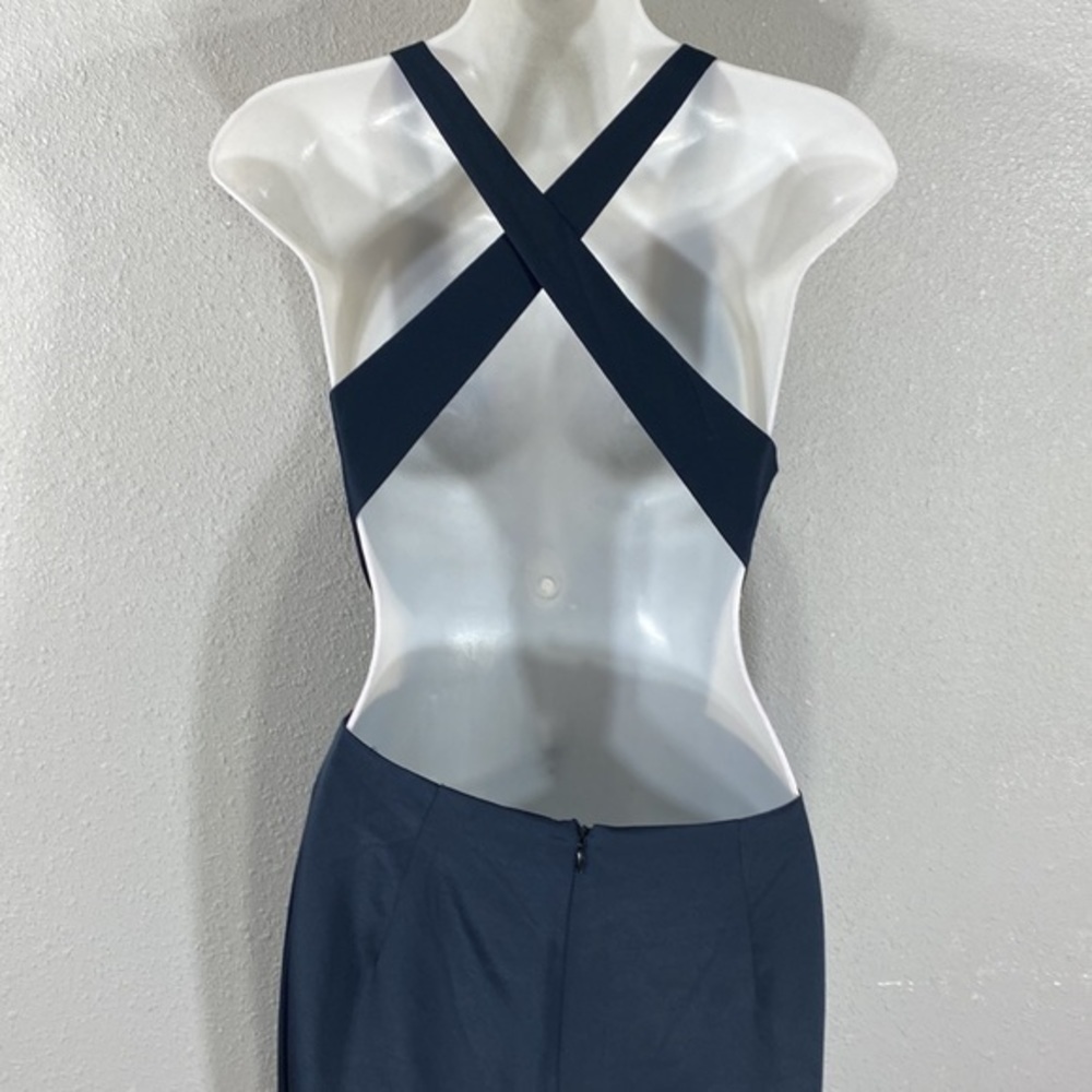 NWT Sugar+Lips Deep Navy Satin Cross Back Cutout Side Wide Leg Jumpsuit Small S - Picture 7 of 10
